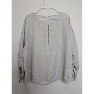 EILEEN FISHER 100% Organic Linen Gray Stripe Roll Tab‎ Sleeve T Shirt Top Medium